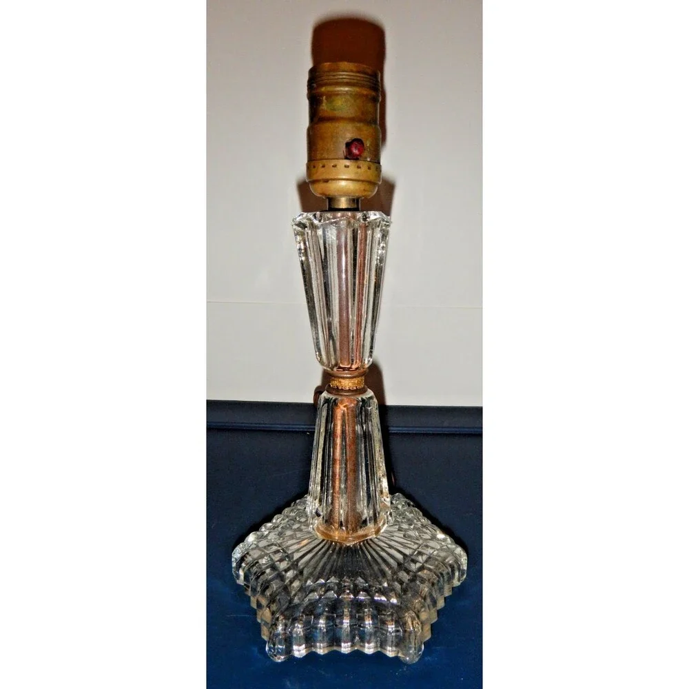 Vintage Pressed Glass Boudoir Table Lamp 10in Star Base Ribbed Column Vanity